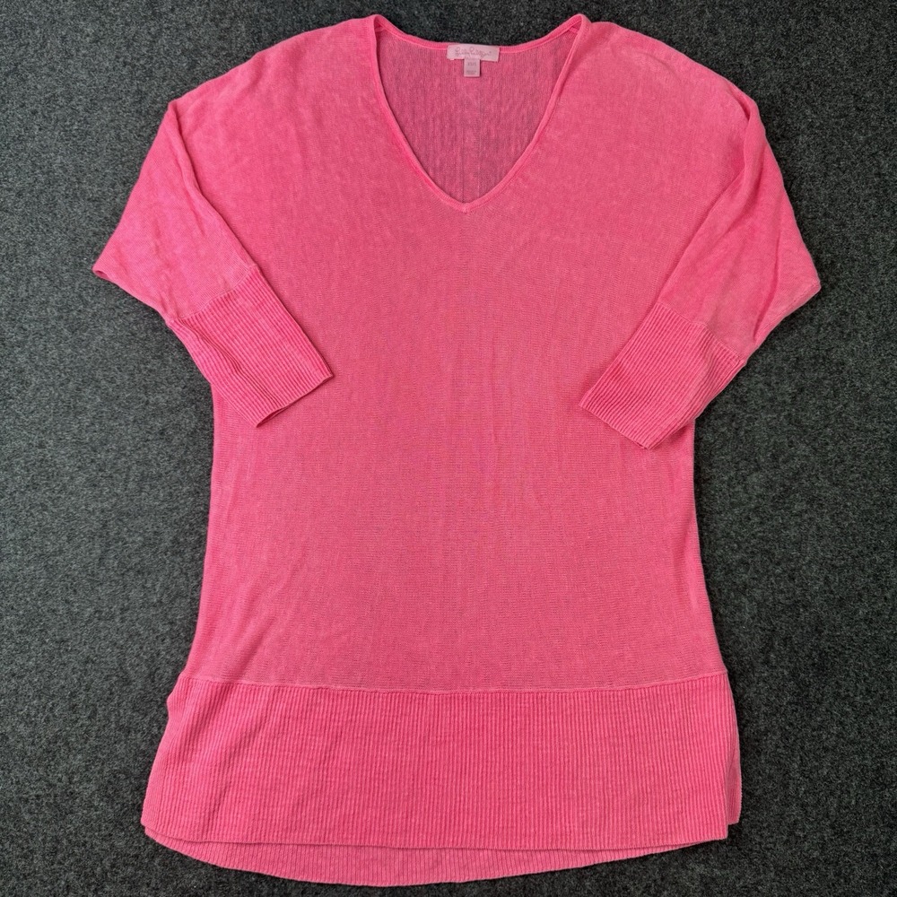 Lilly Pulitzer Womens XS/S Pink V Neck Tunic Sweater Dolman Sleeve Ribbed Hem